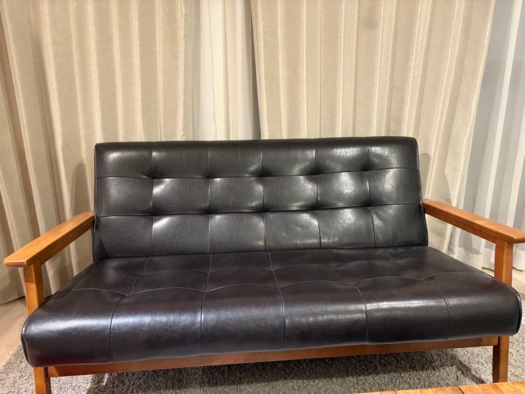 2人がけソファ黒ブラック革ウッド