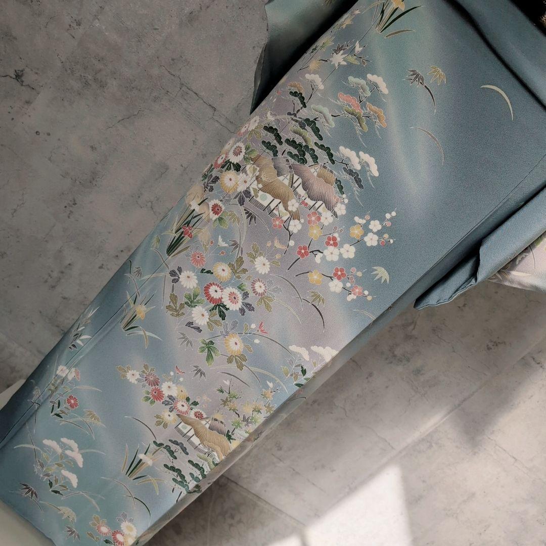 訪問着　フルセット　着物　友禅　正絹　青　茶屋辻　花　祝い事　優美　D2