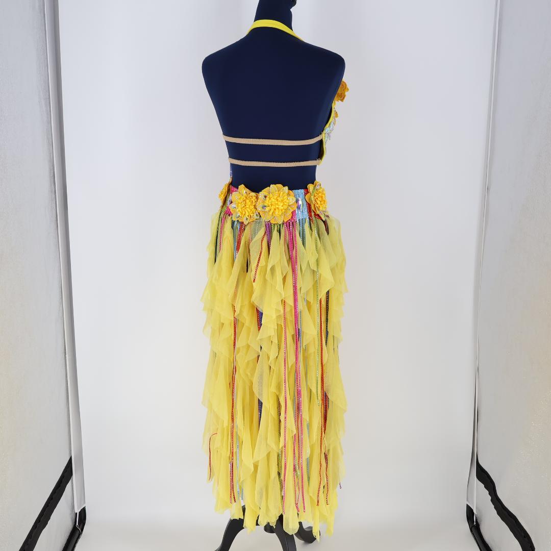 【ベリーダンス用 オリエンタル衣装】イエロー シルバーラメ多数 花コスチューム