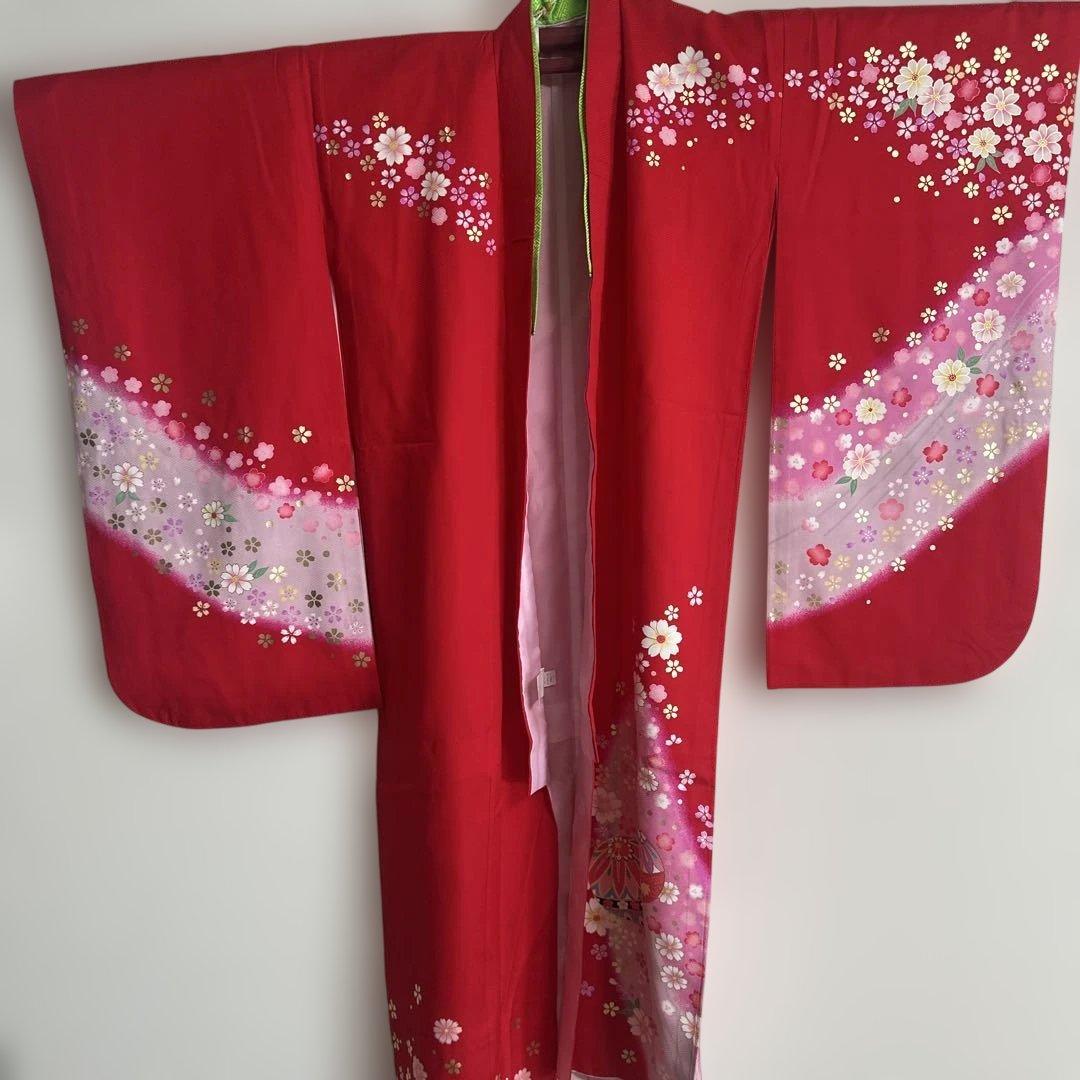 七五三用 絹100% 赤い着物120-130cm