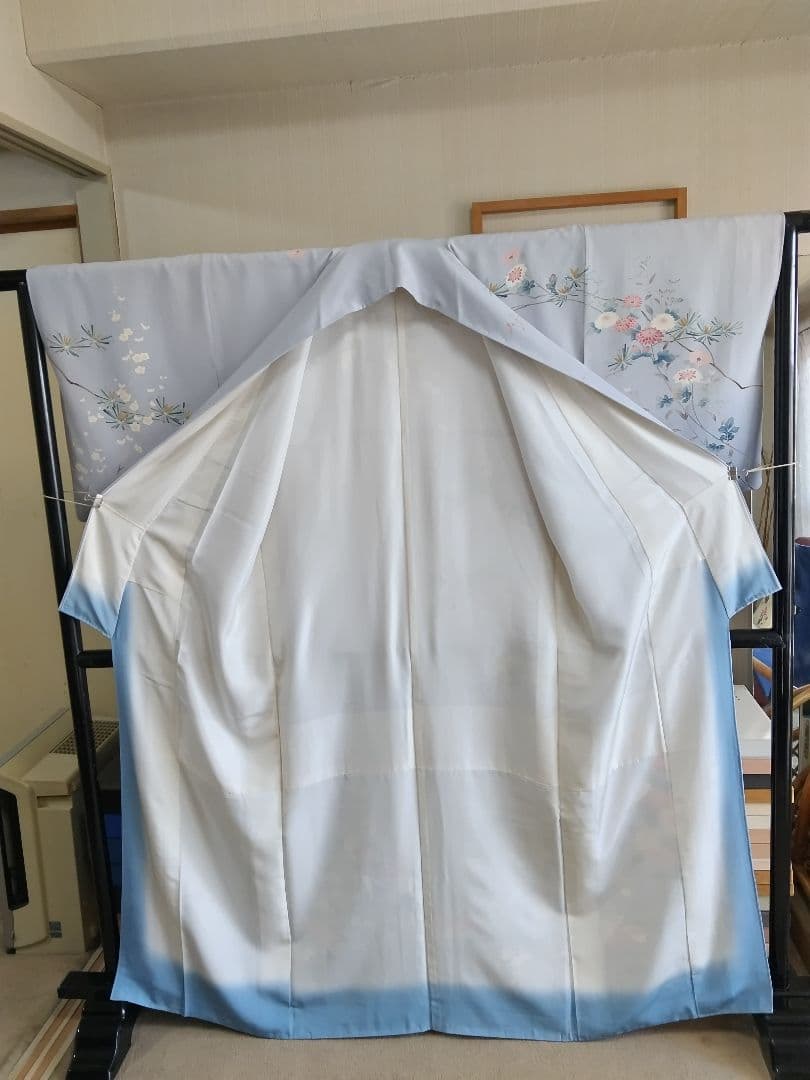 F‐285 訪問着 京加賀友禅 袷 暈し ブルーグレー 菊 松 梅 美品