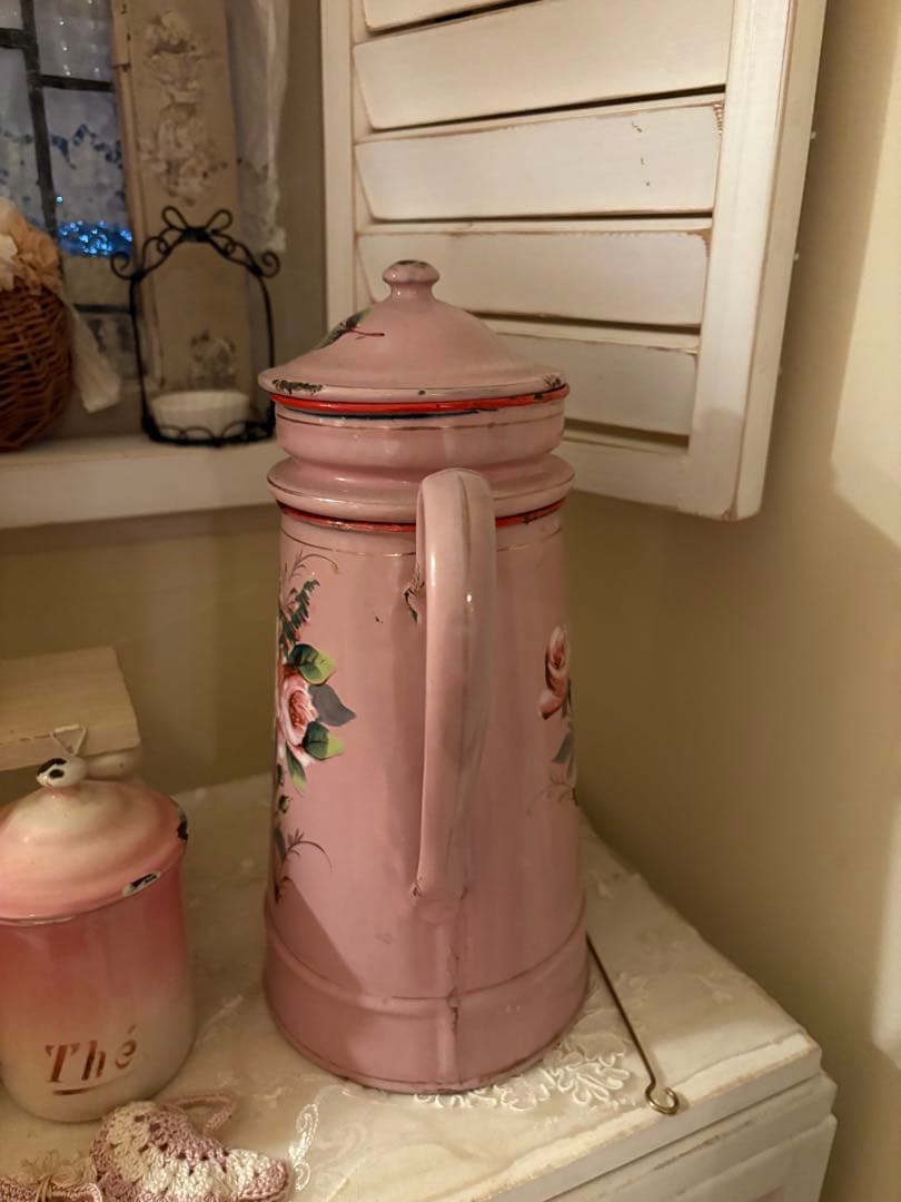 アンティークホーロー♡AUBECQ社ピンクバラ柄ホーローカフェティエール　希少❣️