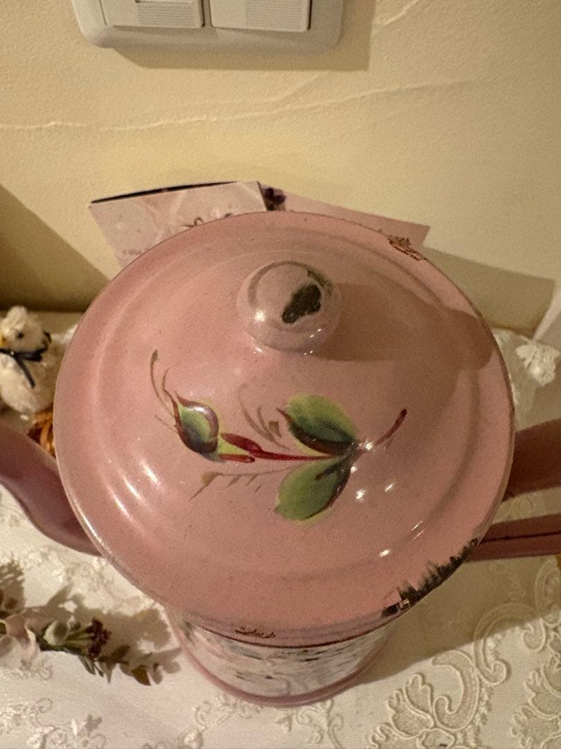 アンティークホーロー♡AUBECQ社ピンクバラ柄ホーローカフェティエール　希少❣️