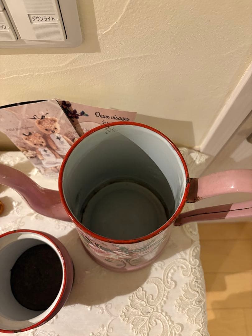 アンティークホーロー♡AUBECQ社ピンクバラ柄ホーローカフェティエール　希少❣️