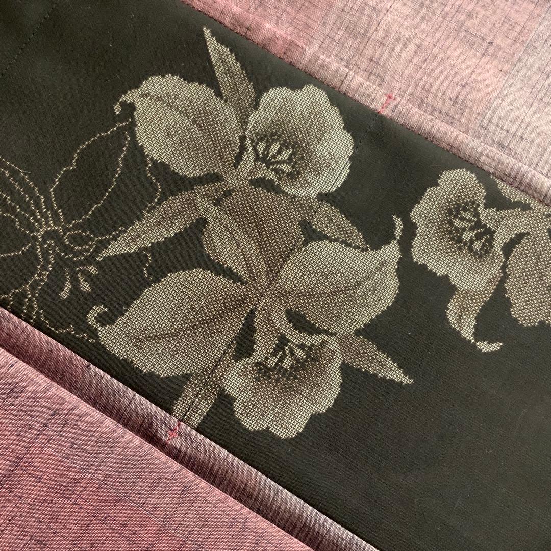 大島紬 カトレアの花 リメイク 胡桃皮ハンドルバッグ