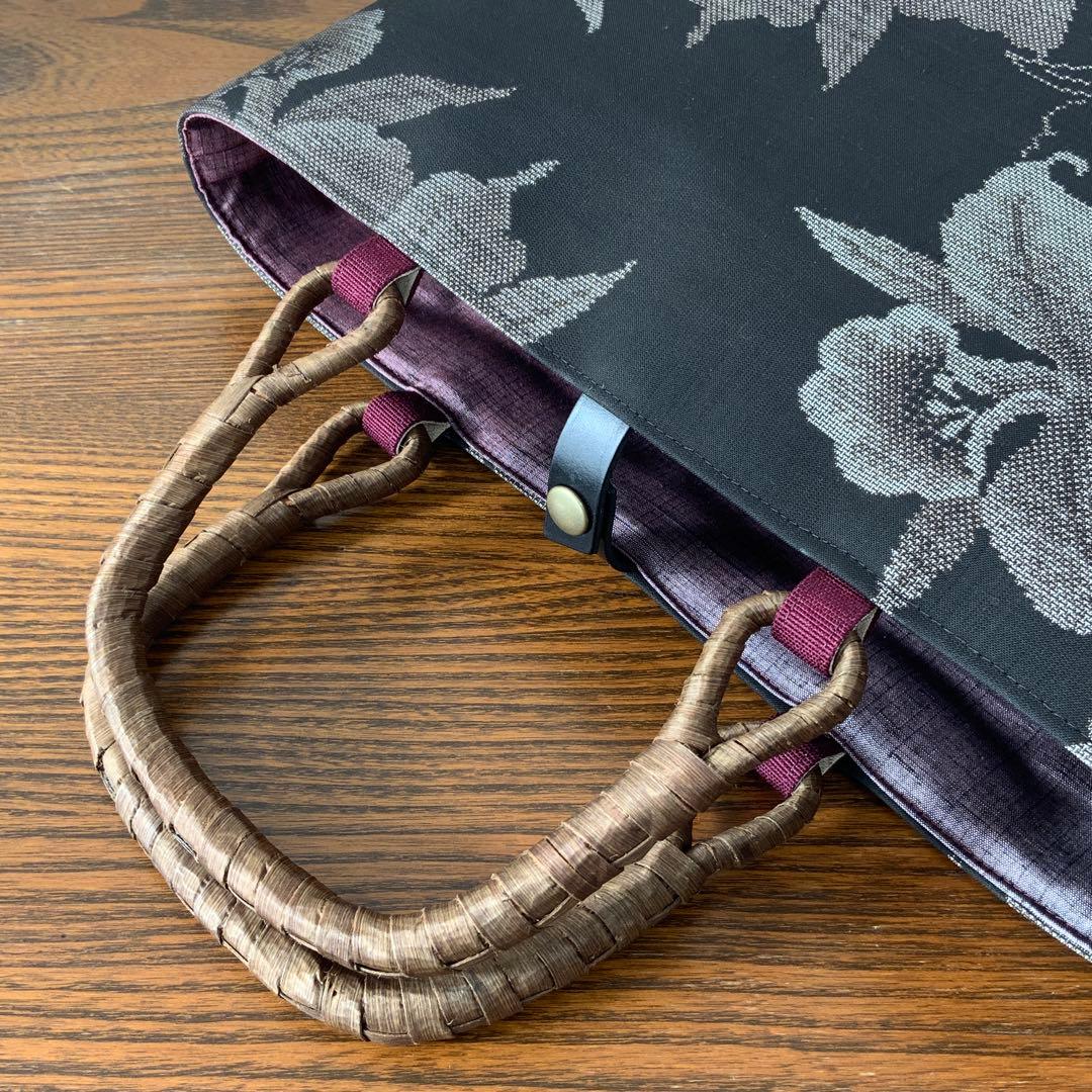 大島紬 カトレアの花 リメイク 胡桃皮ハンドルバッグ