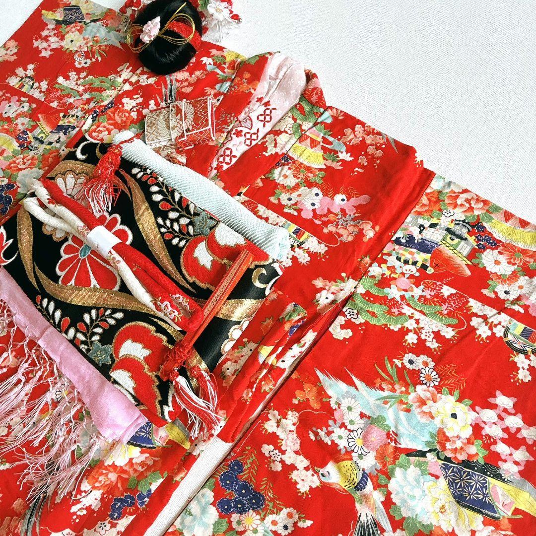 七五三　７歳フルセット　アンティーク　長着＆帯＆長襦袢＆草履＆小物セット　赤地