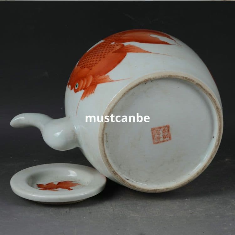 景徳鎮 陶磁器 金魚紋提梁壺 茶壺 煎茶器 装飾品 現代工芸品 置物