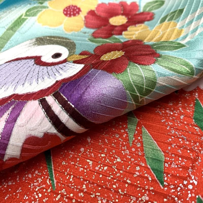 508ag54■七五三 七歳 女児 着物&袋帯 鴛鴦 牡丹 青緑■美品