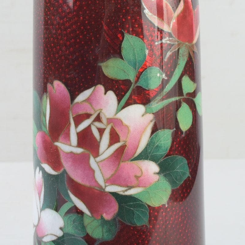 七宝焼　赤透釉　花文　花瓶　唐木台付　共箱　V　9731