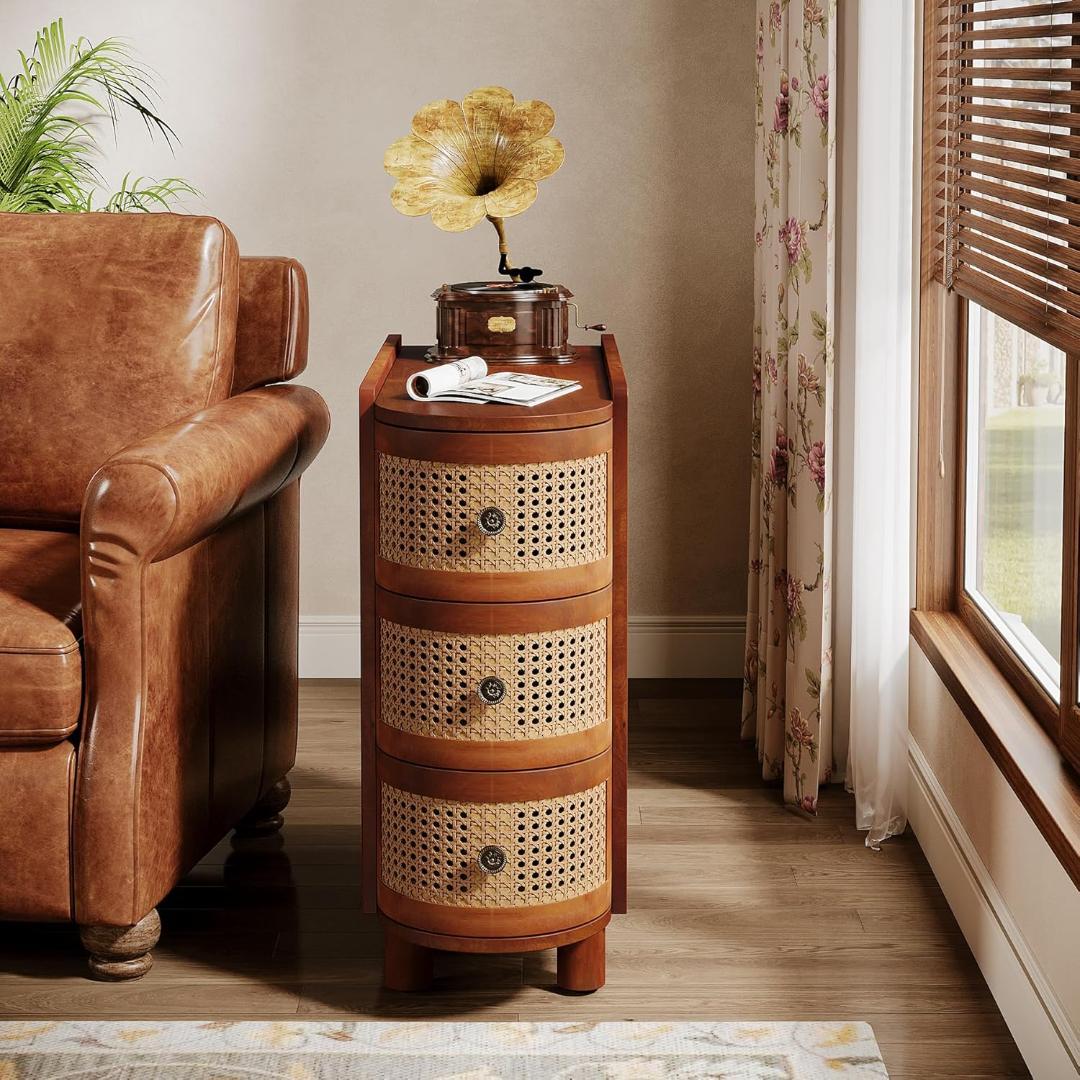 ６０％オフ【未使用に近い】 サイドテーブル ラタン調 引出し付テーブル 木製