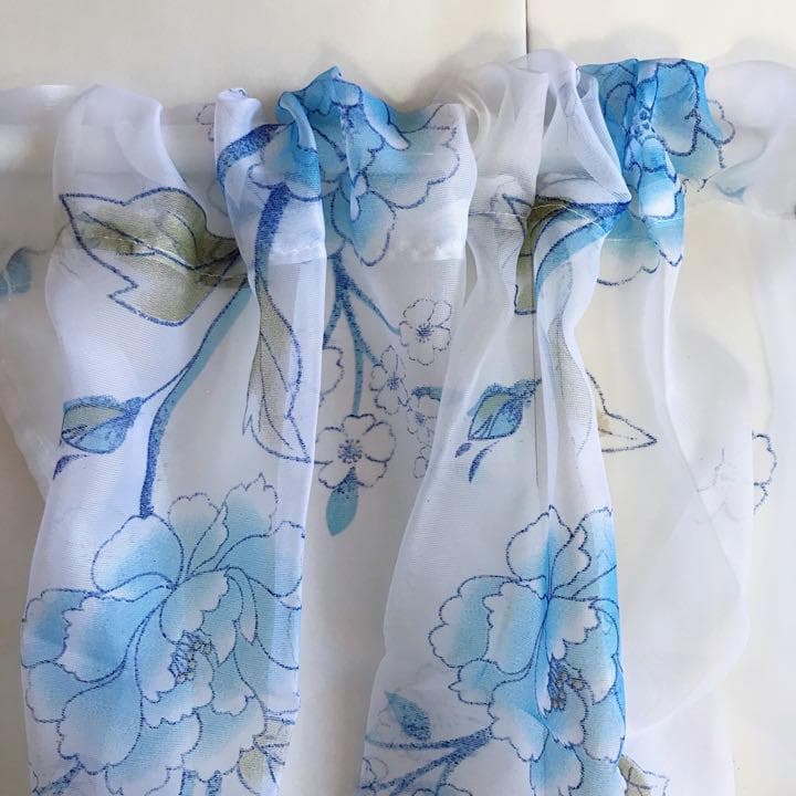 加工ひまわり＆ブルー ホワイト 洗濯可 ミラー レース のれん突っ張り棒