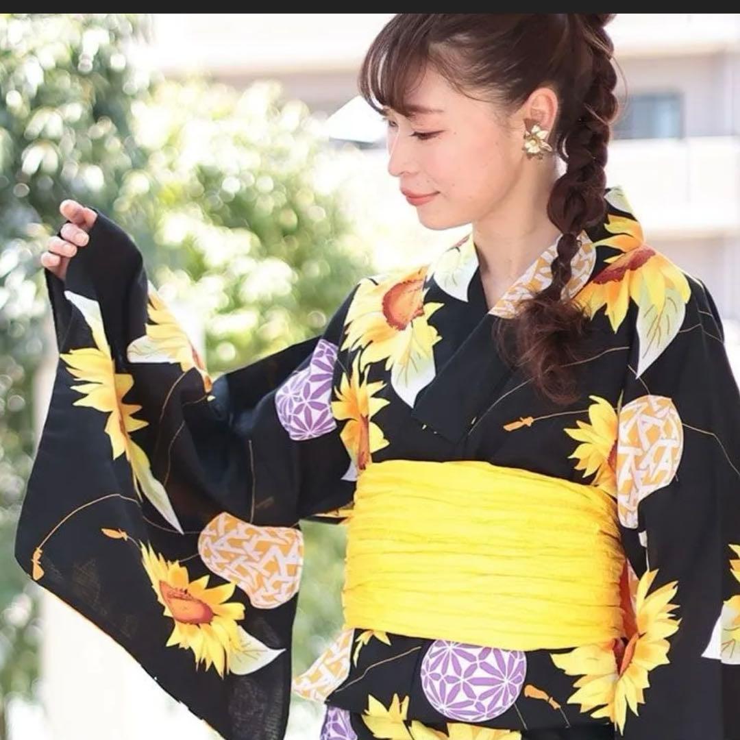 ✨新品✨大きいサイズ レディース 鞠ひまわり柄浴衣＆結び帯2点セット ぽっちゃり