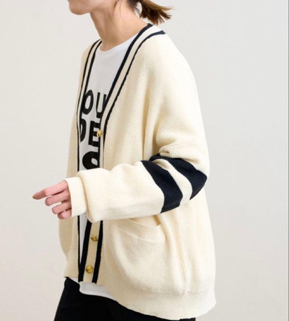 フレームワーク　ライン畦ニットカーディガン　アイボリー　金ボタン　リネン混