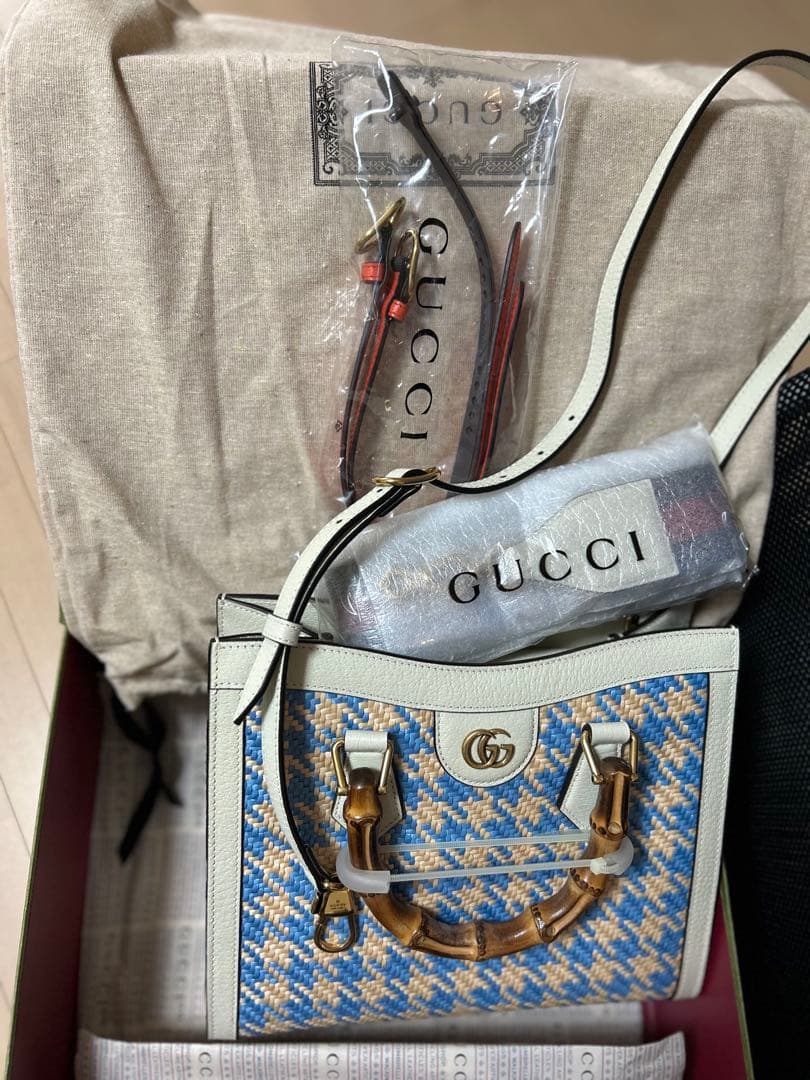 グッチ Gucci 702732 ラフィア バンブー 2WAYバッグ 千鳥柄