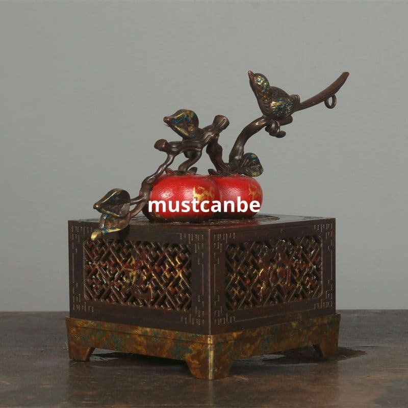 香炉 喜柿連盤香炉 室内透かし盤香盒 香道具 装飾品 工芸品 銅製品 置物