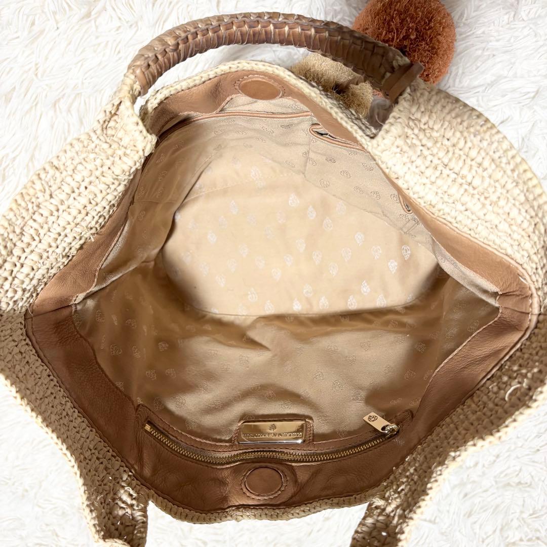 美品 収納袋付き ヘレンカミンスキー ラフィア カゴバッグ ポンポン 本革