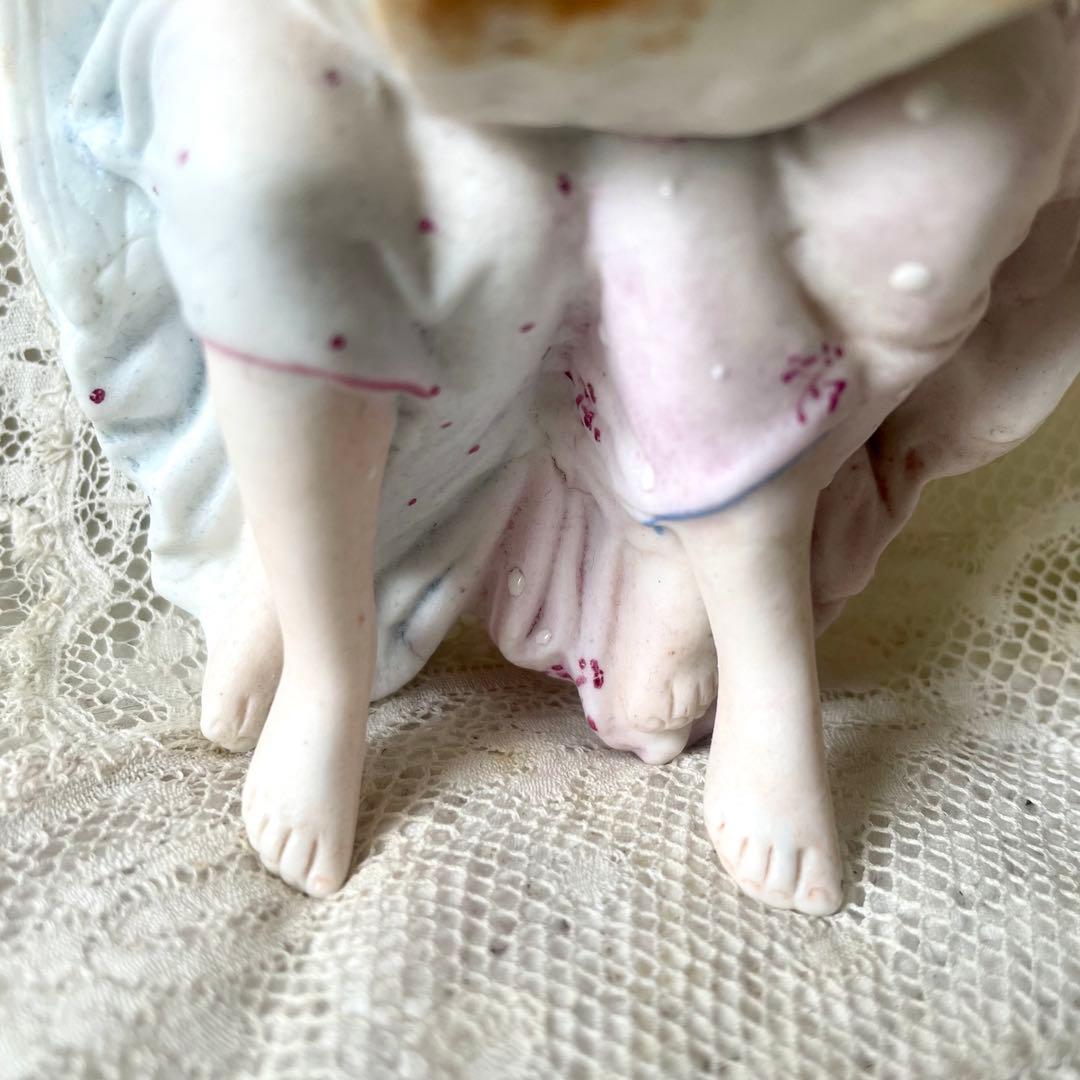 二人の天使の聖水盤　ビスク　フランスアンティーク　ブルーとピンク　エンジェル