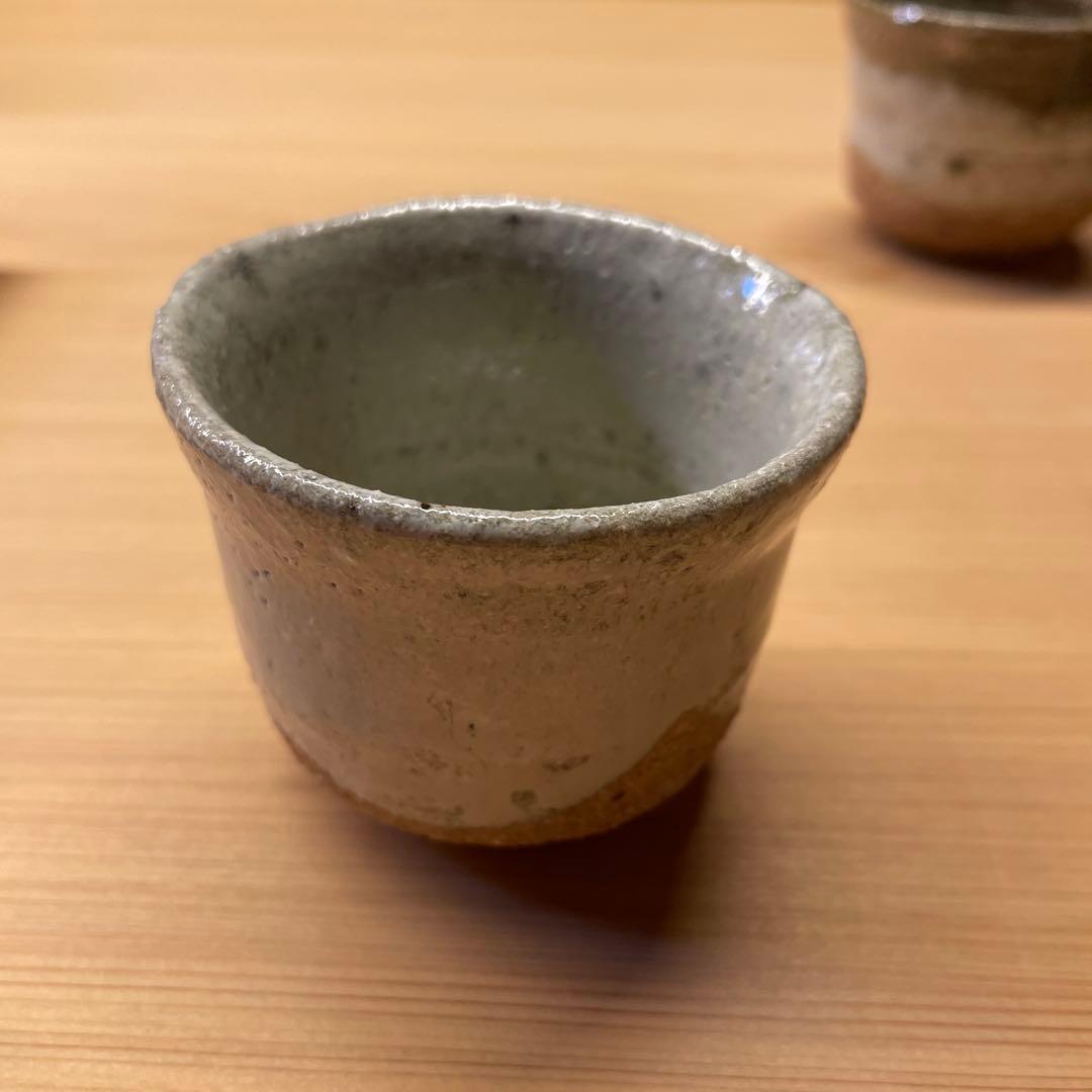 西岡良弘　唐津ぐい呑　５客 小次郎窯　父 西岡小十　共箱あり　朝鮮唐津　班唐津