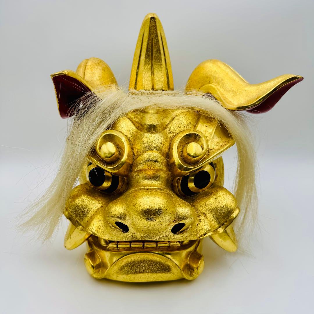 【木彫　瑞宝造　獅子頭　神具　縁起物　祭】邪気払い　骨董　アンティーク　共箱