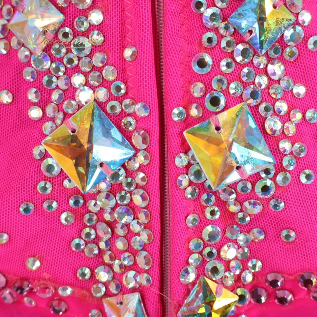 【社交ダンス衣装】ピンク ラテン ドレス ワンピース 蛍光 レース ビーズ デモ