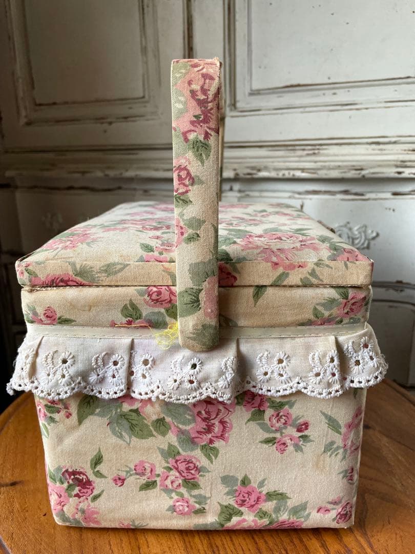 フランス　アンティーク　カルトナージュ　ボックス　収納箱　裁縫箱　ローズ　バラ