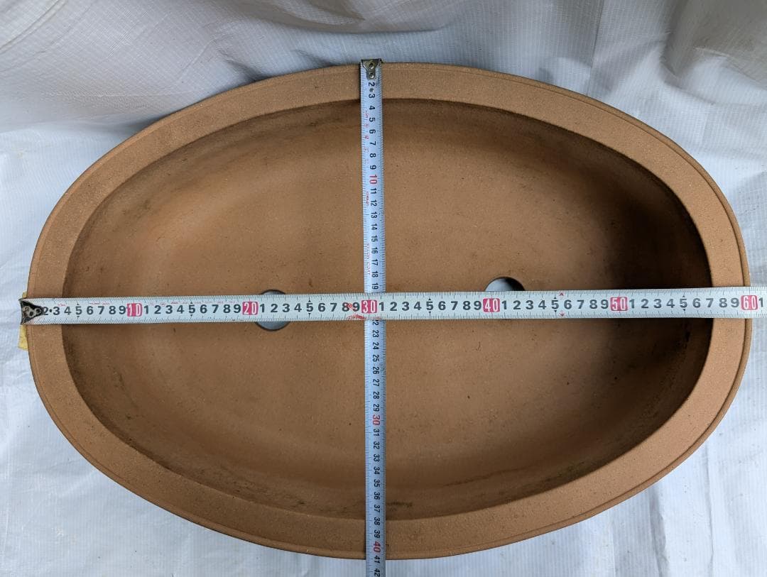 大型 盆栽鉢 楕円 絵鉢 約60cm 無銘 山水図 松柄 古鉢 盆栽用