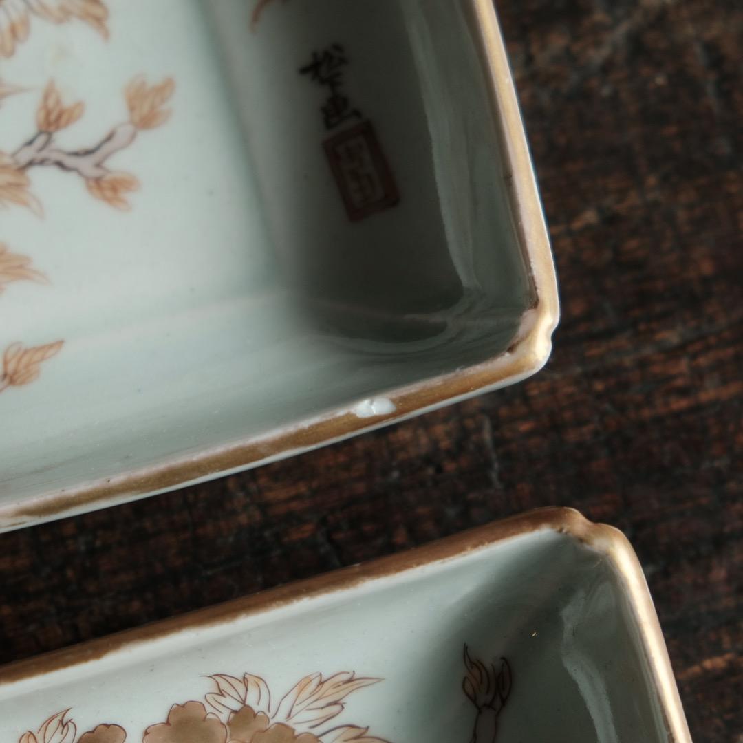 花と蝶々◆伊万里　花蝶文長方皿２客　刺身皿　芍薬　骨董・antiques 明治期