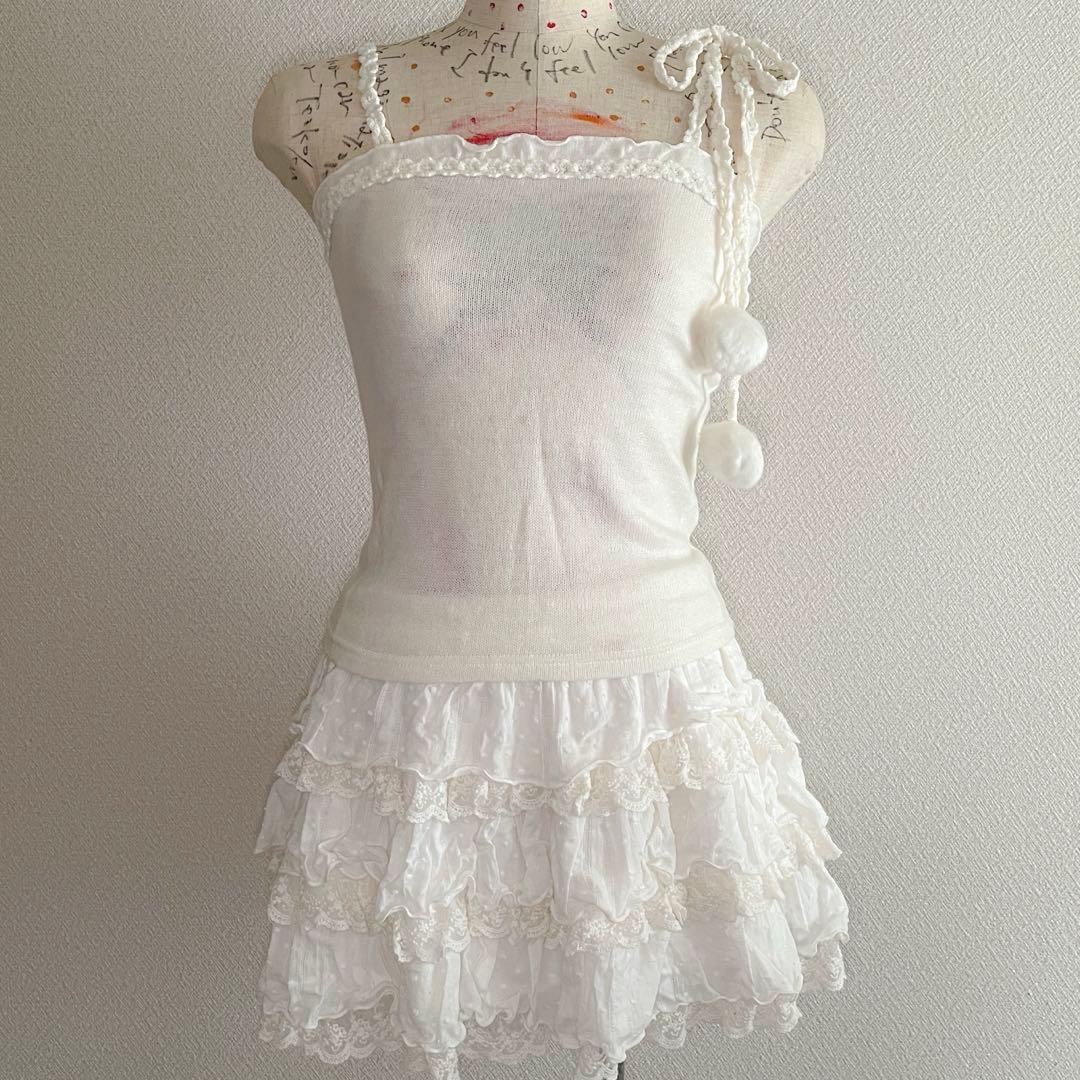 00s 希少 LIZLISA 旧タグ ぽんぽん付リボン レース紐ニットキャミ