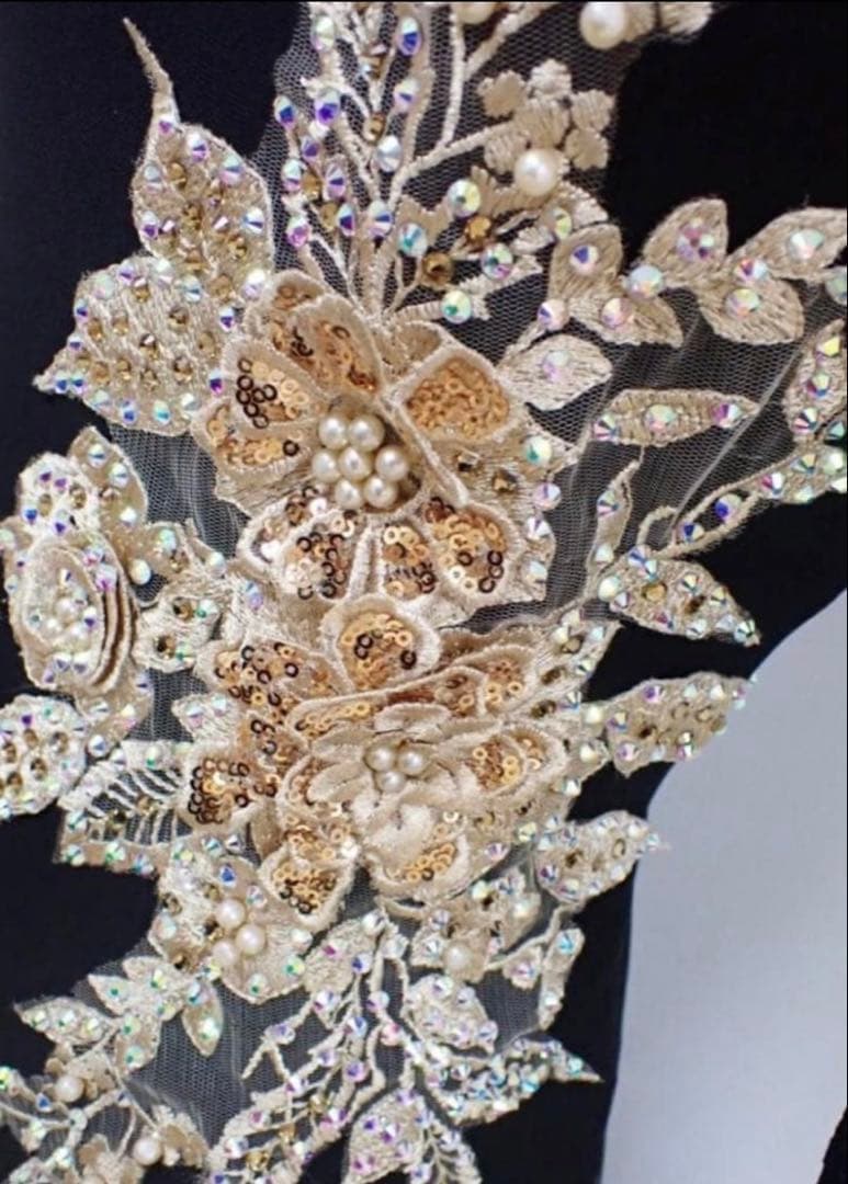 フラワー刺繍 黒 社交ダンス　ドレス