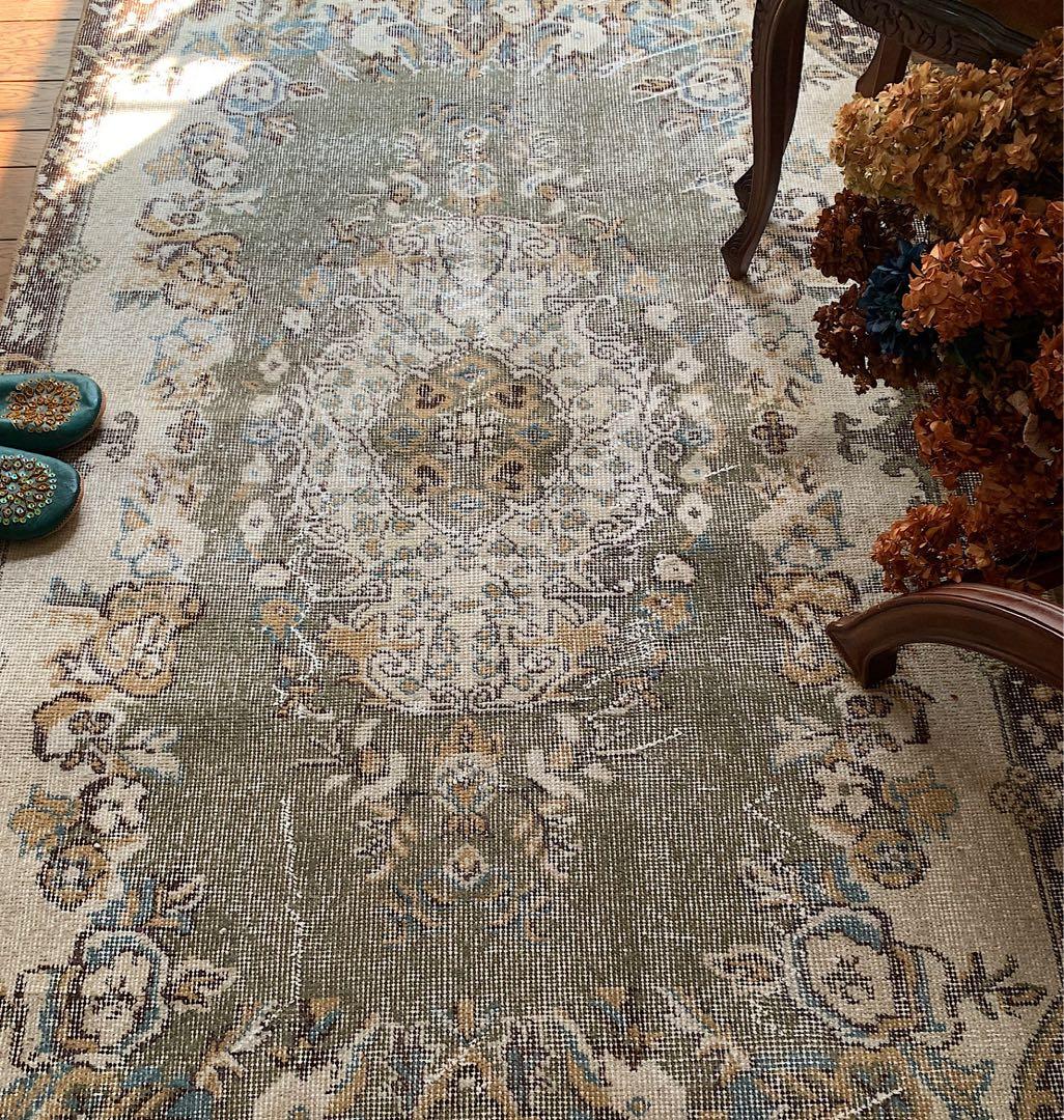 トルコヴィンテージラグ　超レア　スモーキーグリーン　193×116 ボタニカル