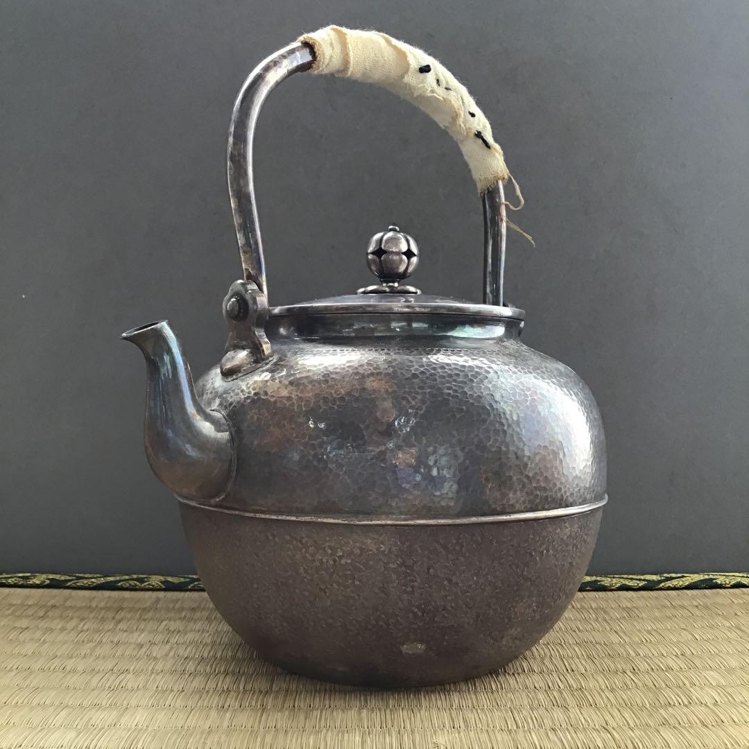 茶道具　湯沸　純銀望月形湯沸　目方百貮拾匁(約450g) 共箱　S218YW