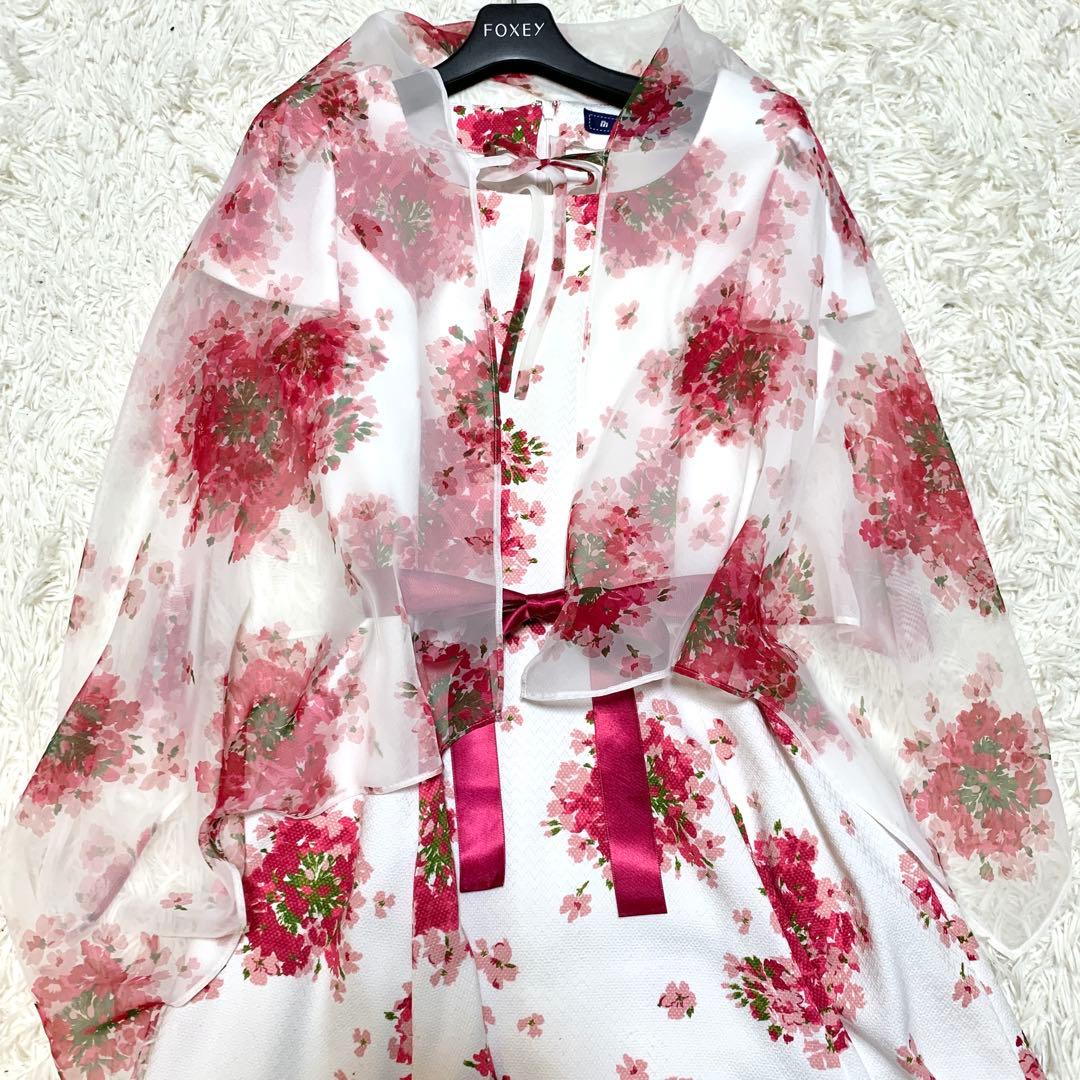 美品✨希少サイズ エムズグレイシー ブーケプリント フレア ワンピース ケープ付