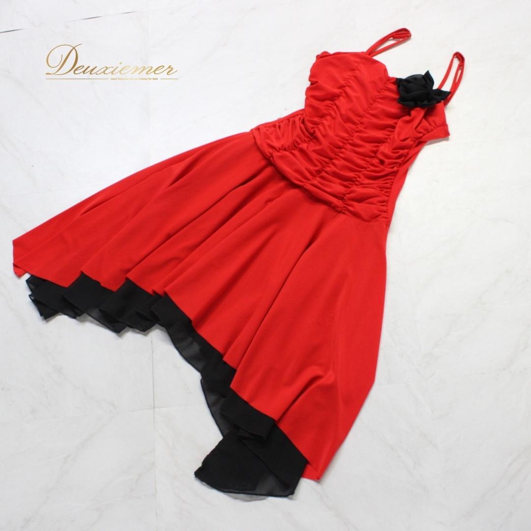 【美品 社交ダンス衣装】ワンピース ドレス ラテン 赤 黒 レッド ブラック