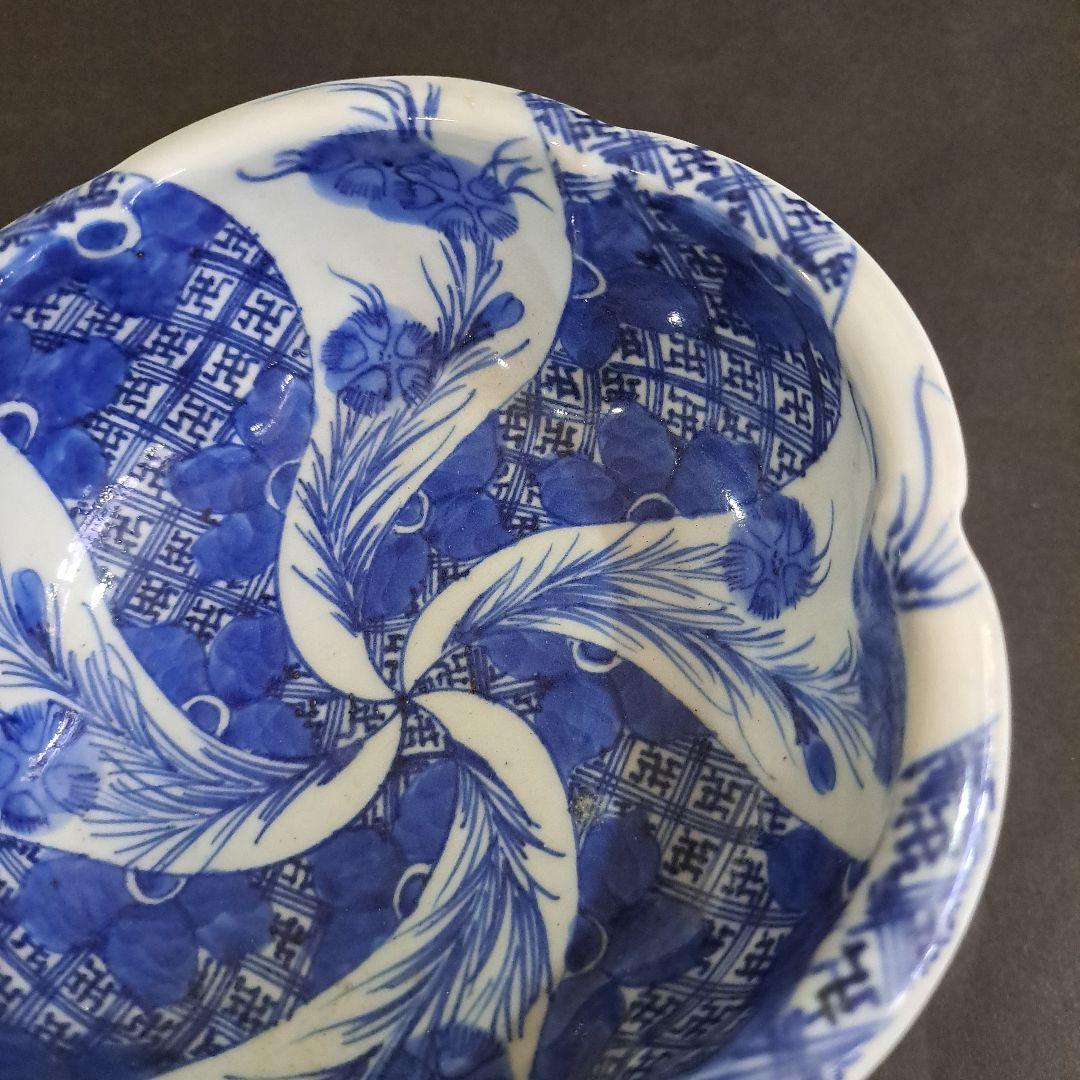 江戸中期　島津献上品　極上　肥前官調蔵製品　輪花　向付鉢　矢車草　染付青磁