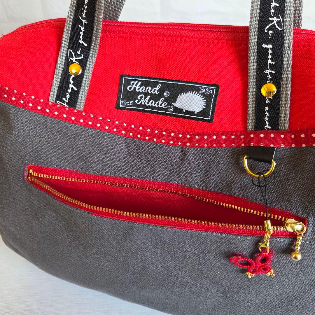 ボストン型3way バッグ(L)　帆布×ドット　ハンドメイド