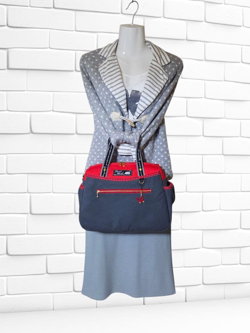 ボストン型3way バッグ(L)　帆布×ドット　ハンドメイド