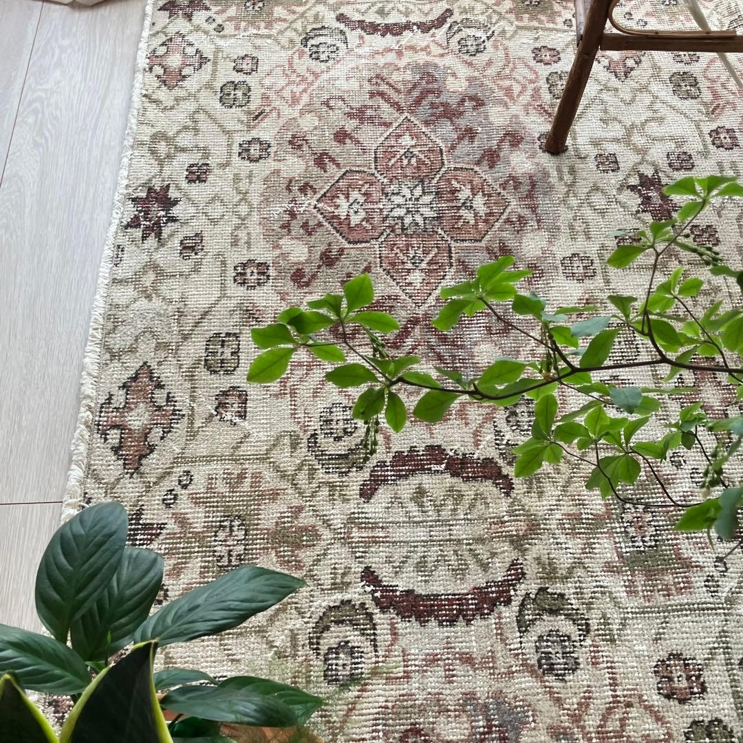 アールデコ調109×146✳︎モーブピンク　クローバー　トルコヴィンテージラグ