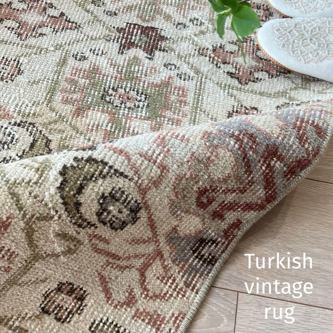 アールデコ調109×146✳︎モーブピンク　クローバー　トルコヴィンテージラグ