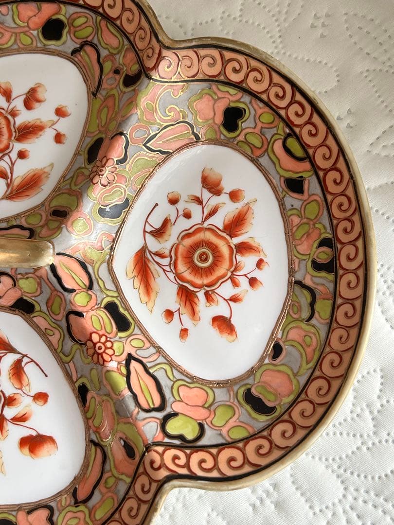 オールドノリタケ　大皿　ハンドル付き　手書き色絵　金彩金盛