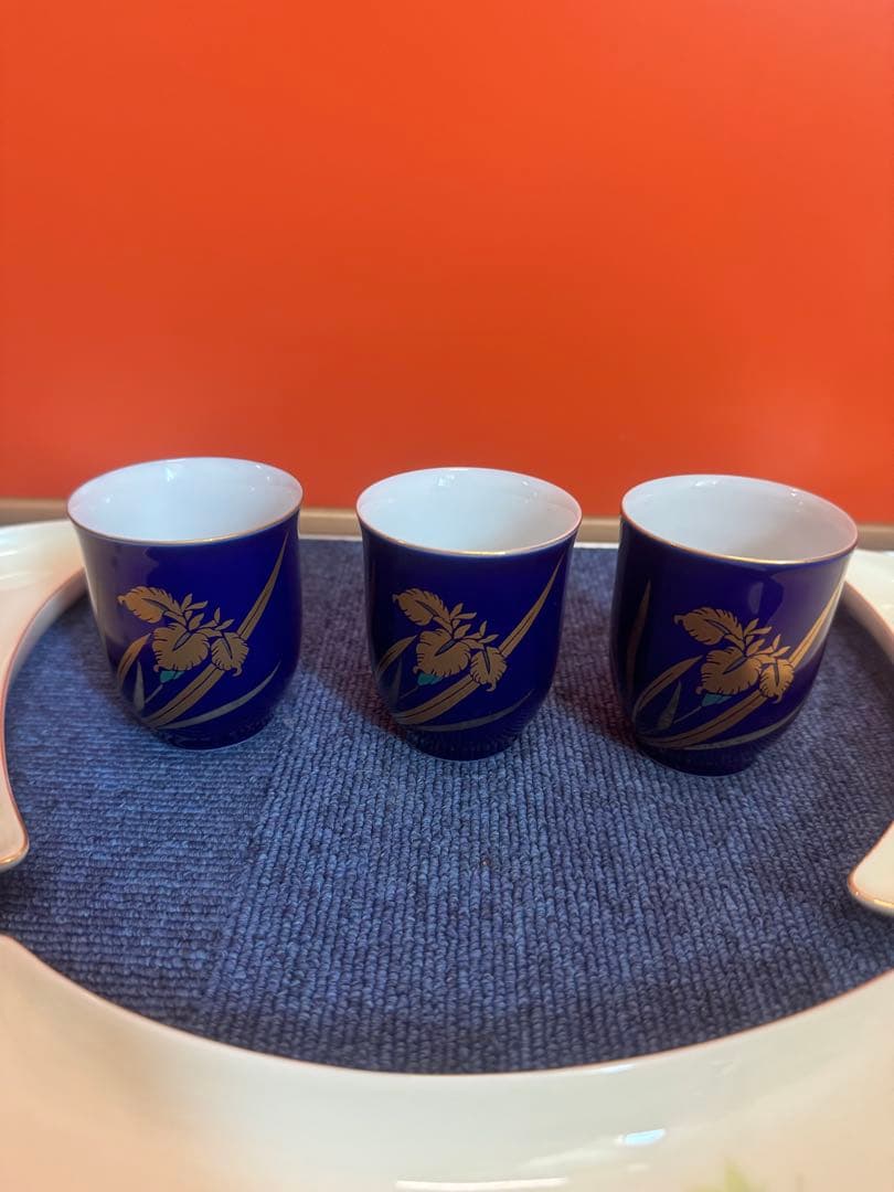 2029 深川製磁　グリーン楓半月皿3客　湯呑3客