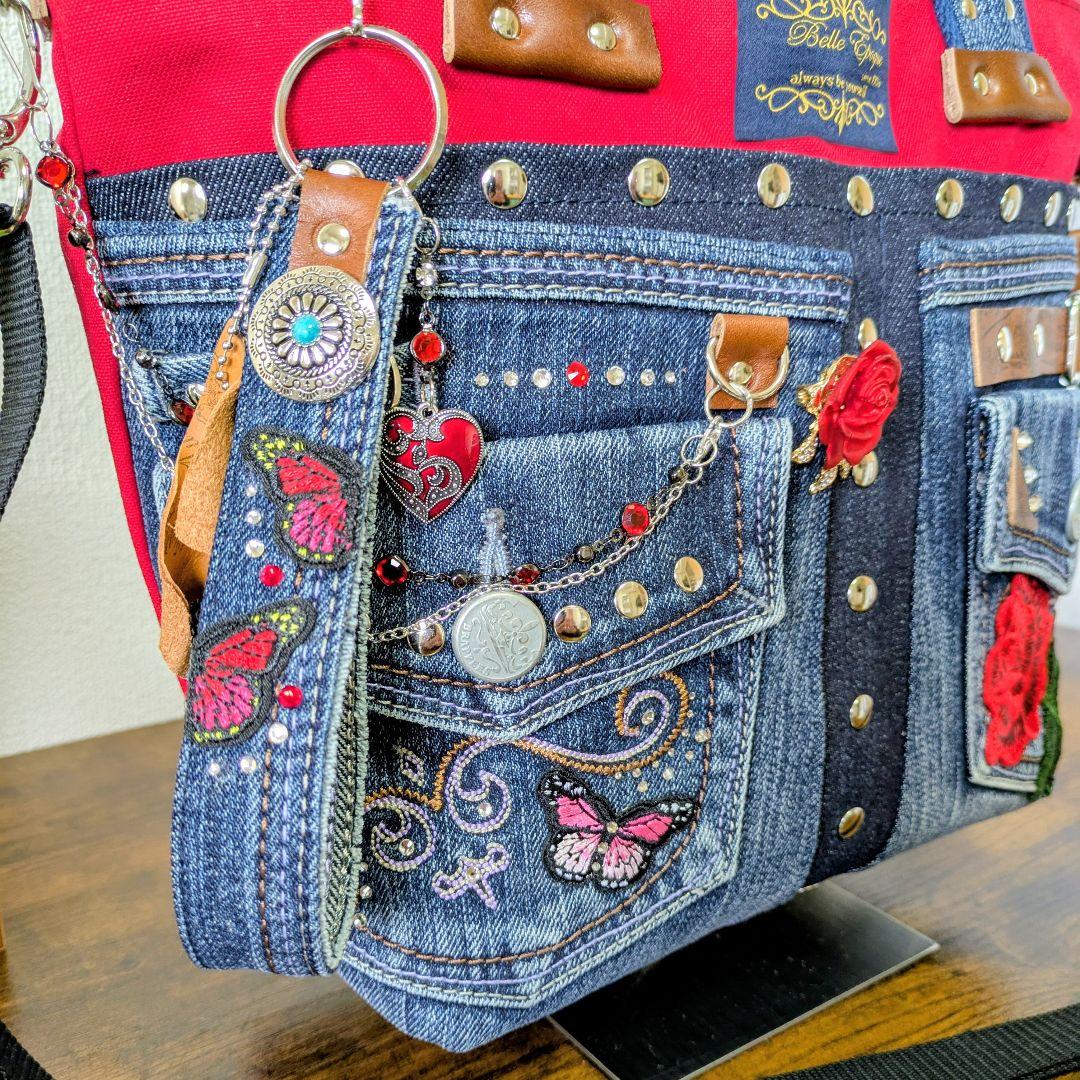 デニムリメイク 2wayトート｜薔薇×バタフライ刺繍・ポケットたくさん・底鋲付き