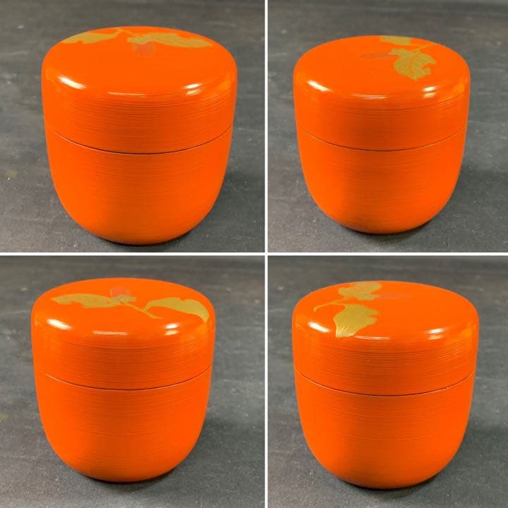 E81 送料無料　筆柿　朱刷目　棗　棗　金彩　漆器　茶道具　茶室　在銘　共箱