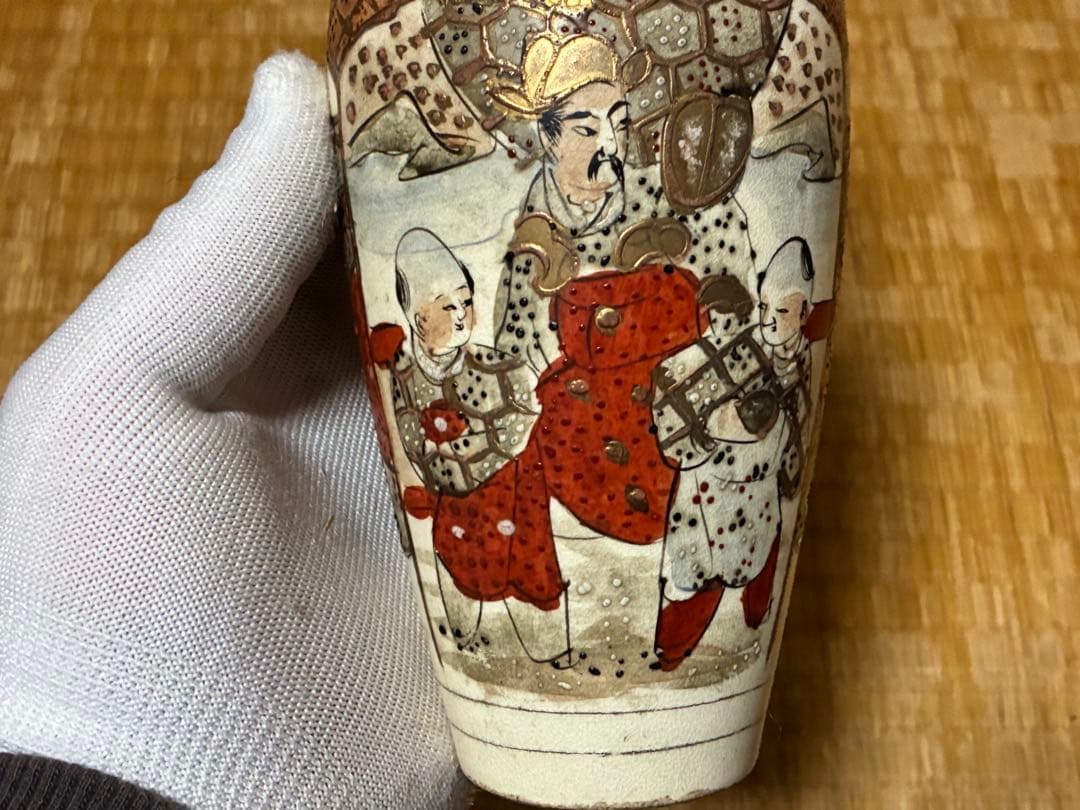 明治期 薩摩焼 金彩 色絵 人物紋 花入 時代物 印あり 箱入