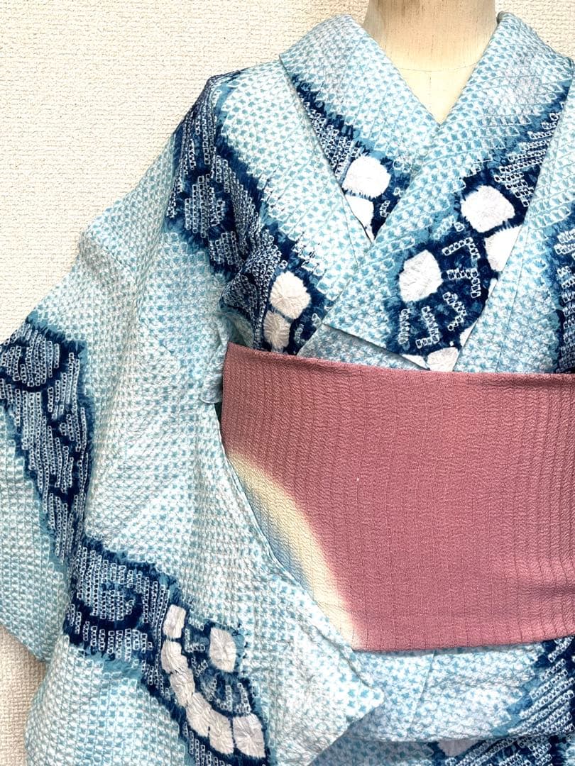 有松鳴海絞り　浴衣　広衿仕立て　水色　（215）