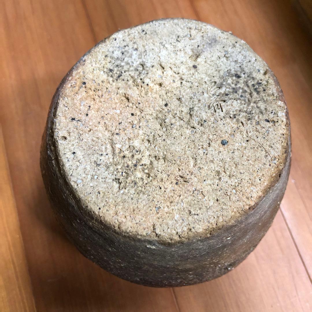 骨董品 手彫り模様茶色緑色グラデーション壺 花道茶道水差し 作家物 日本伝統工芸