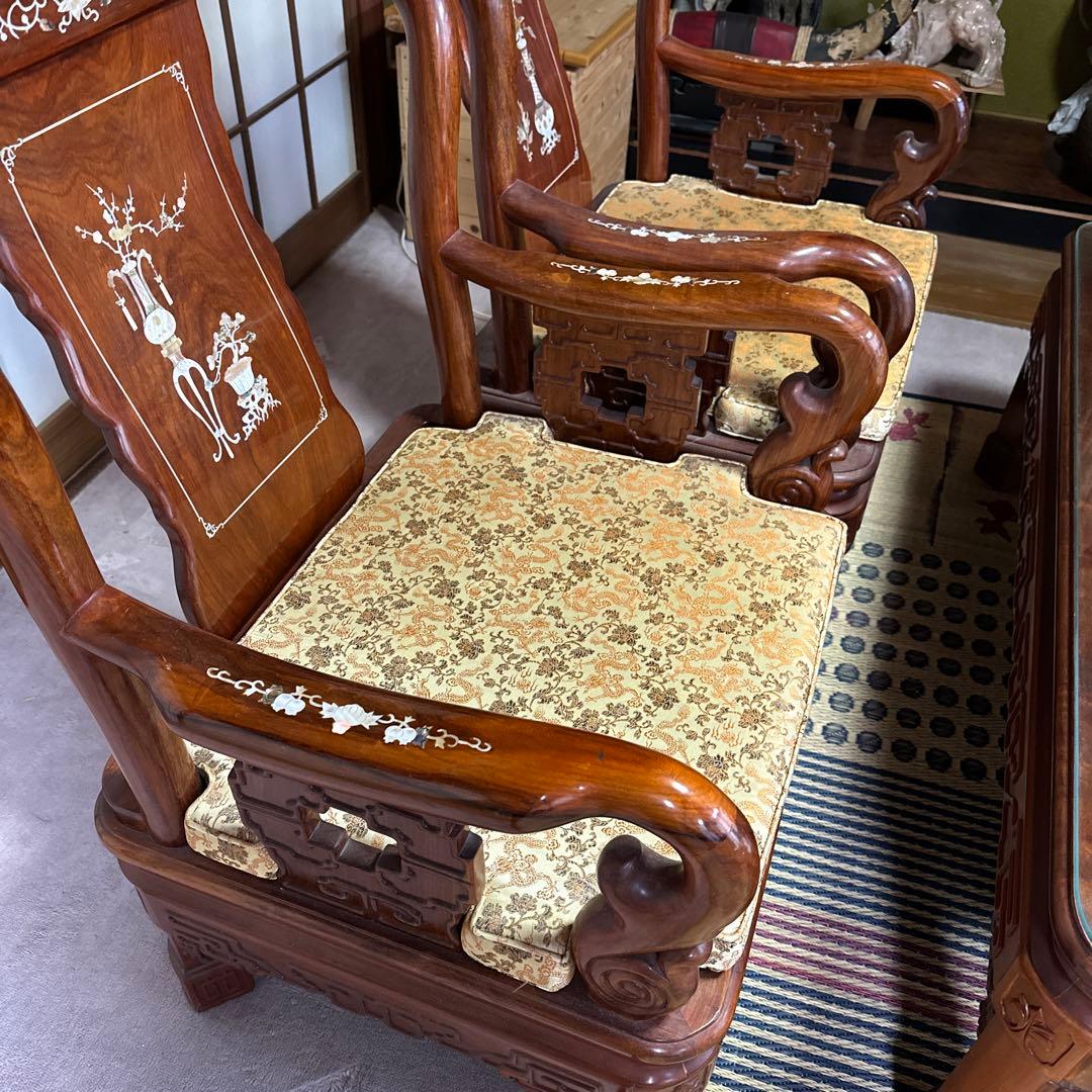 螺鈿細工　骨董品　応接　テーブル　イス　5点セット中古品