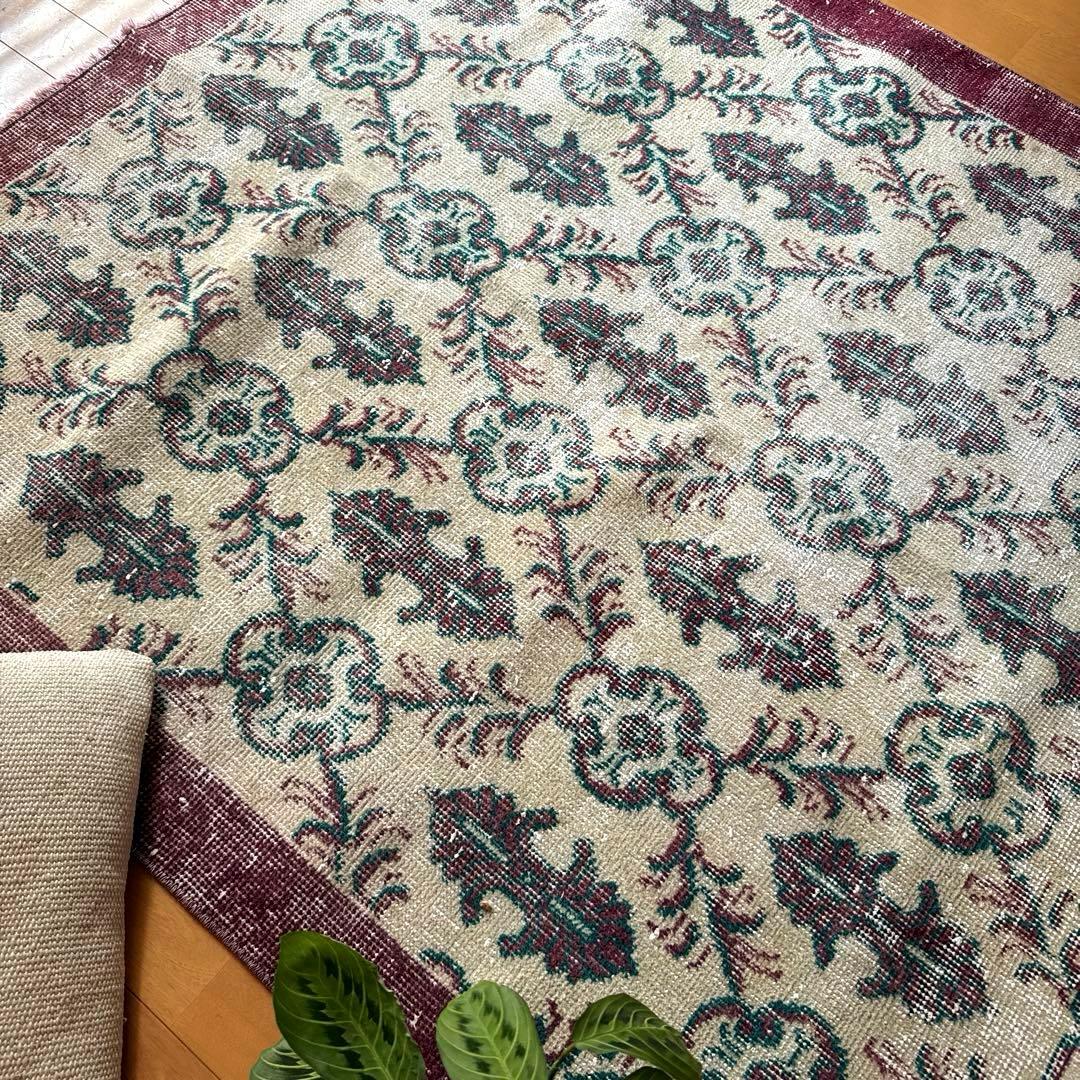 113×198レアえんじ色×グリーン 紋章ボタニカル　トルコヴィンテージラグ