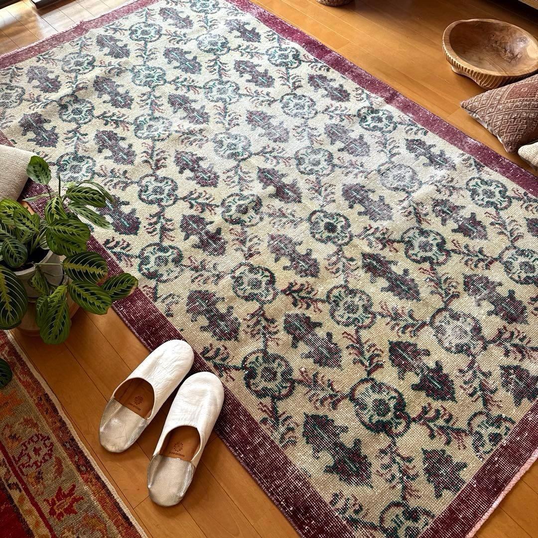 113×198レアえんじ色×グリーン 紋章ボタニカル　トルコヴィンテージラグ