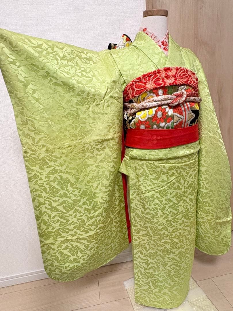 七五三 7歳 祝い着 正絹 黄緑 鶴 M2510282